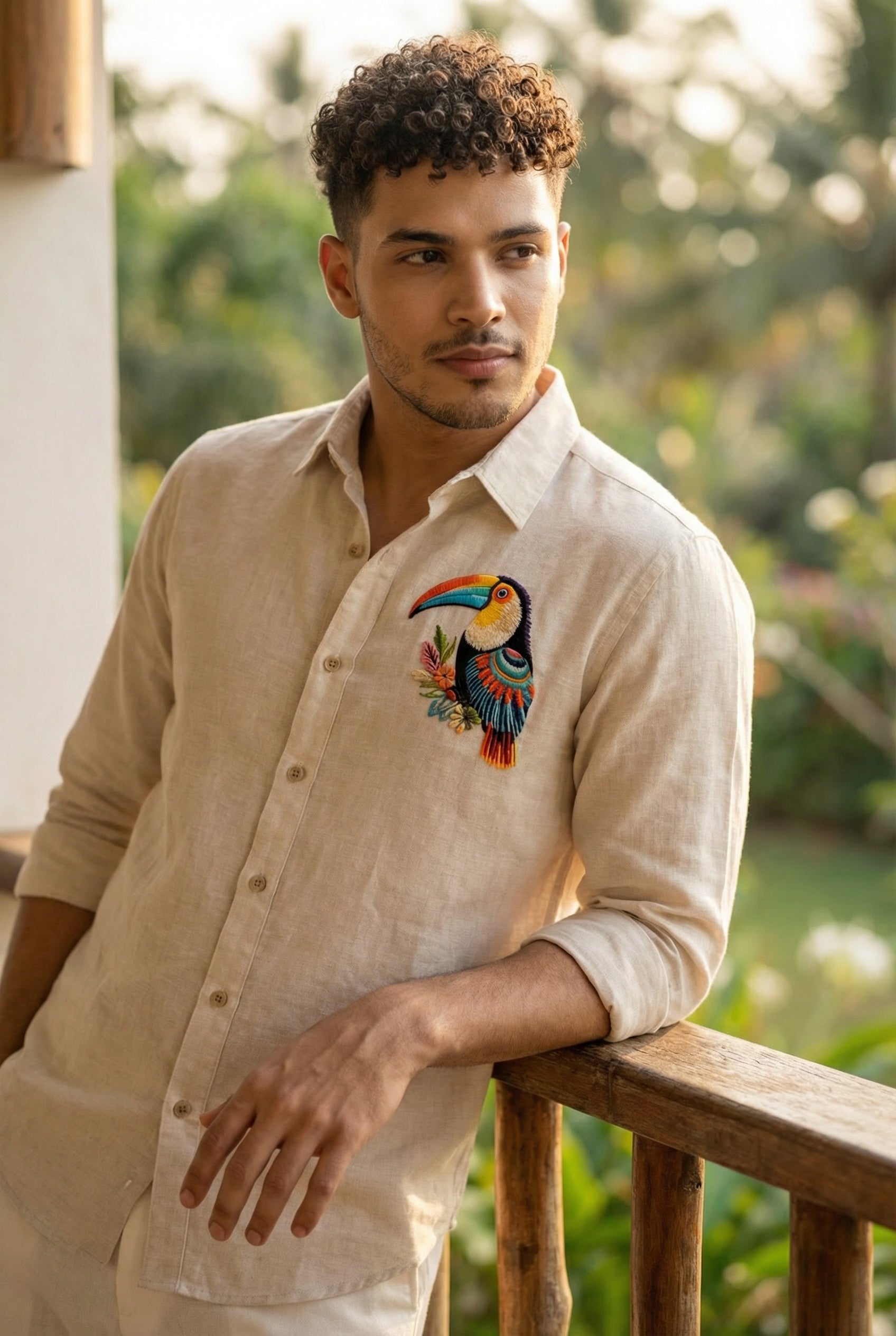 Tropical Toucan Embroidered Linen Shirt – Beige Edition