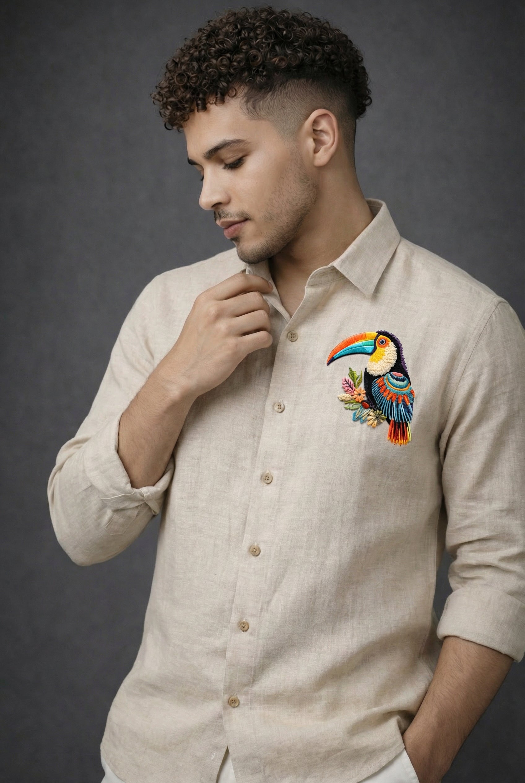 Tropical Toucan Embroidered Linen Shirt – Beige Edition