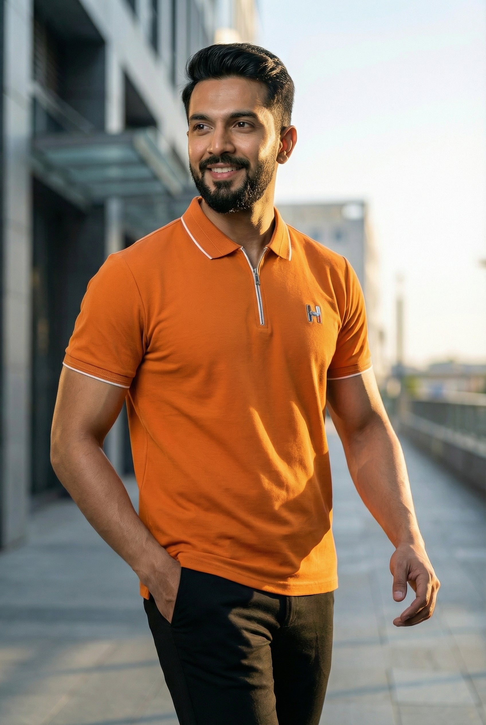 Goamen Premium Orange Zipper Polo – Bold, Fresh & Stylish